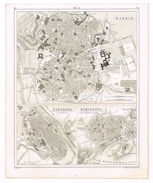 Antique Print Vintage 1851 Engraving Map Cartography Madrid Barcelona City Views