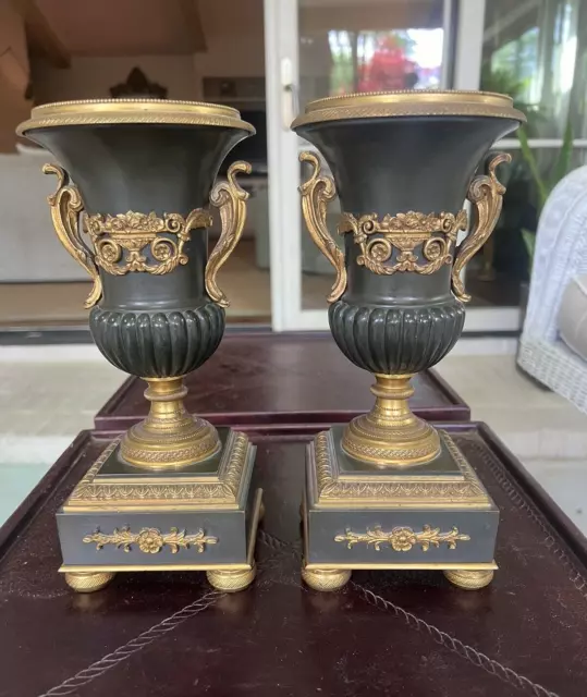 Pair of French Gilt Bronze Urns Pedestals High End Reproductions