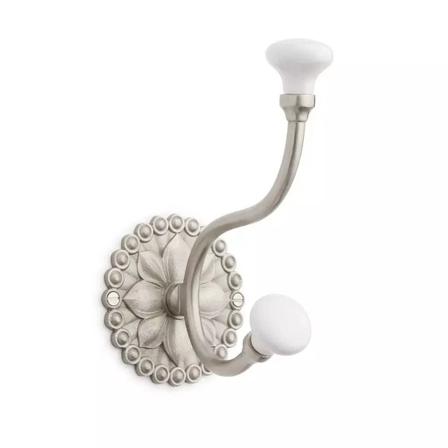 Signature Hardware Beaded Floral Brass Double Hook w/ Porcelain Knobs