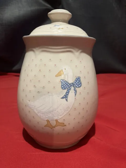 Vintage Tienshan Stoneware Country Goose Cookie Jar Duck Ceramic Canister w/ Lid