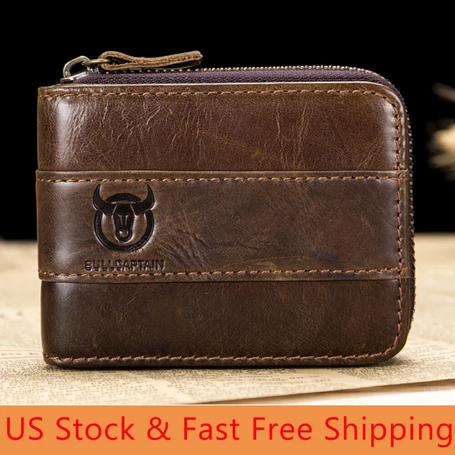 BULLCAPTAIN Mens Wallet Genuine Leather RFID Around Zip Coin Pocket Purse Brown