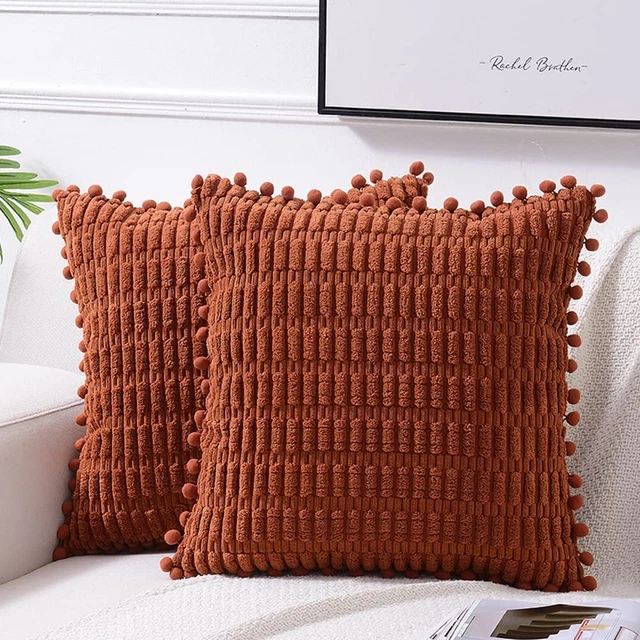 2 Packs Rust Decorative Throw Pillow Covers 18X18 Inch with Pom-Poms for Couch B
