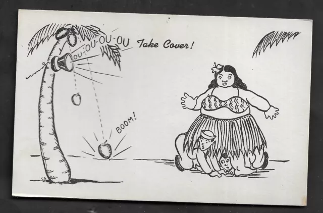 WW2 T.H. "Take Cover!" Hula Dancer Humorous Postcard