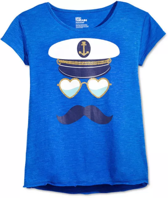 Epic Threads Girls' Moustache Captain T-Shirt, Only at Macy's, City Blue(Size L)