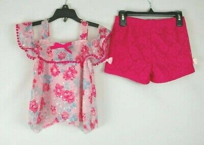 Little Lass 2PC Pink Floral Cold Shoulder Shirt Lace Overlay Shorts Girl's Sz 6