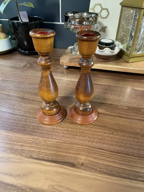 Vintage Wooden Candle Holder Pair, Set Of 2 Simple Brown Candlestick Holders