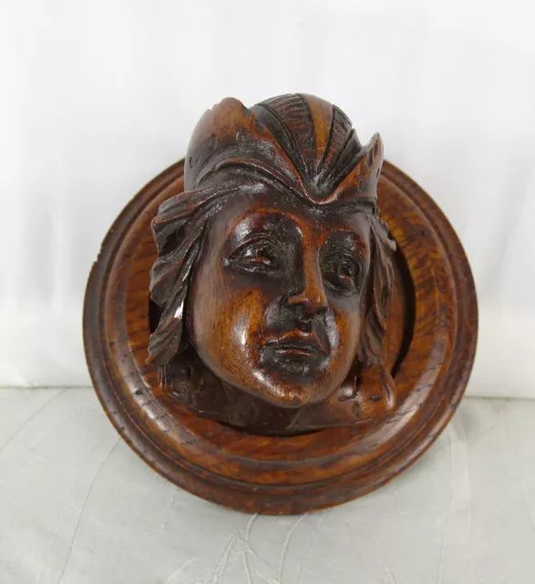 Antique French Walnut Wood Medallion - Man Head Finely Hand Carved 19 th- N°1