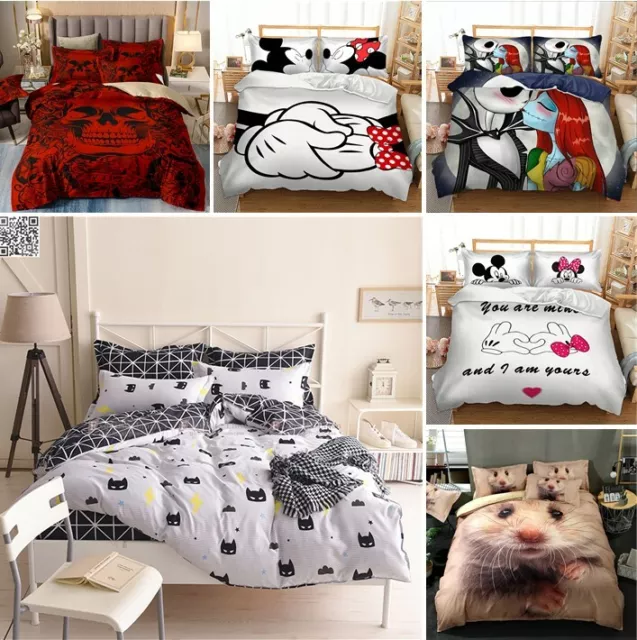 Mickey&Minnie Mouse Skull Duvet Quilt Cover Set Bedding Set Pillowcases All Size