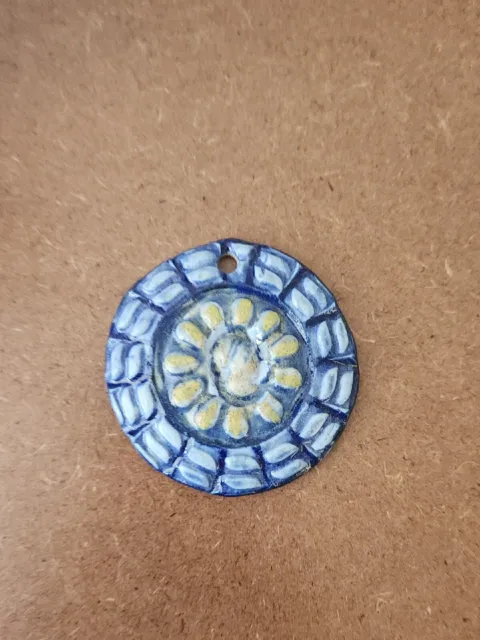Handmade Ceramic Pendant Necklace Sun Blue Aztec Sunflower Round Mosaic Flower