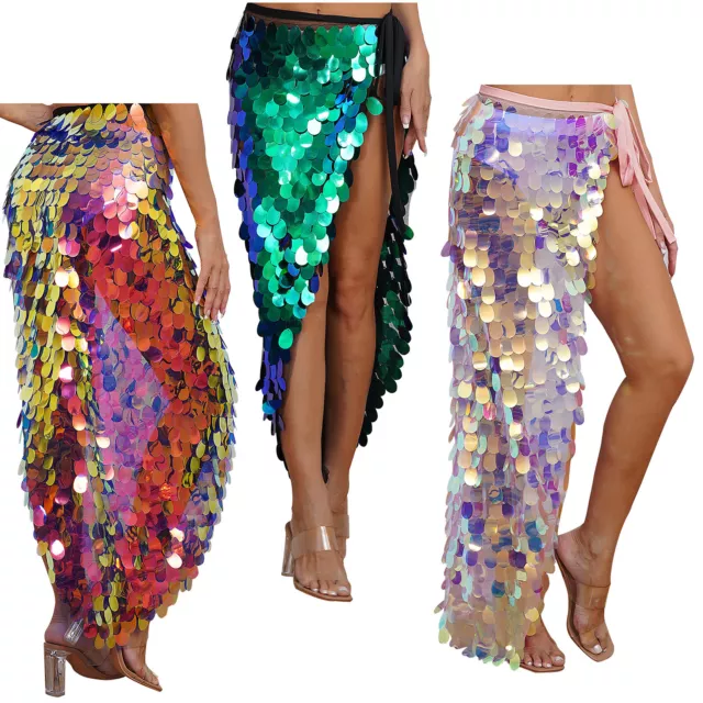 Womens Belly Dance Hip Skirt Halloween Clubwear Stretchy Dance Costumes Sequin