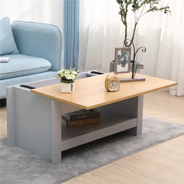 Modern Rectangular Coffee Table with Sliding Top Side Table Lower Storage Shelf