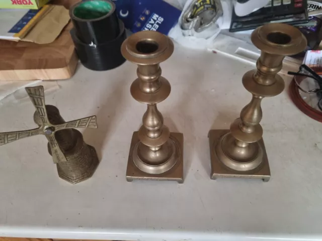 Pair of Heavy Antique/Vintage Brass Column Candlesticks, Ornate with Square Base