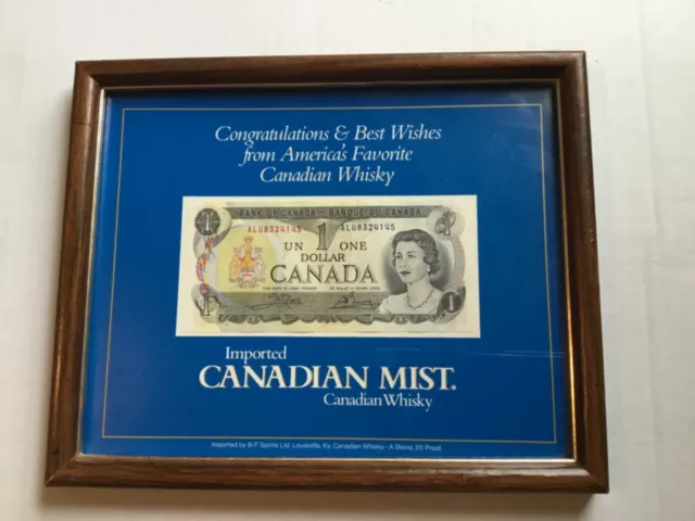 Vtg Canadian Mist Whisky Sign Congrats & Best Wishes 1973 $1 Dollar Bill Framed