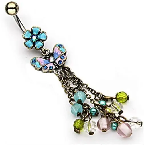 NEW 14gauge Colorful Chic Flower Navel Belly Ring Butterfly & Beads Dangle