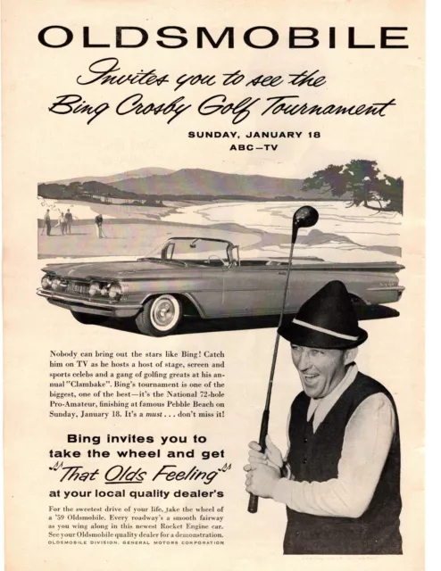 1959 Bing Crosby Pebble Beach Golf Tournament Oldsmobile Convertible Print Ad