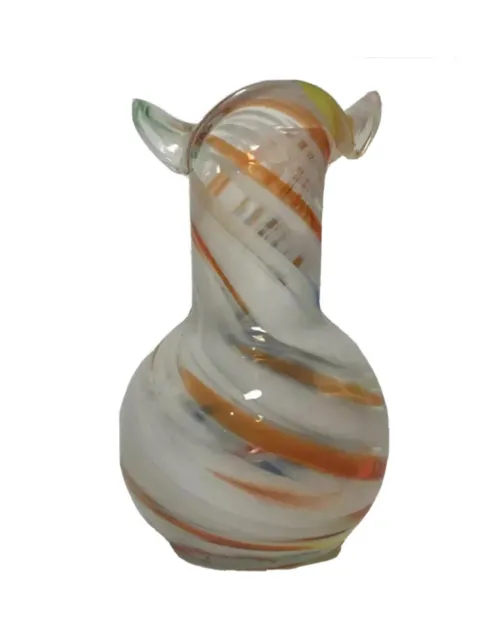 VTG Marigold Glassware Hand Blown Art Glass Vase 5.5” Swirled Orange Blue USA