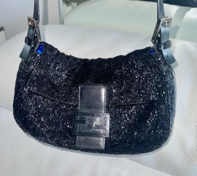 FENDI Vintage FF Logo Baguette Shoulder Bag Beads Black Leather Preowned ￼￼