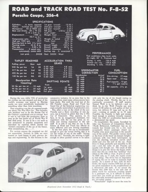 Road & Track Article Reprint from November 1952 -- Porsche Coupe, 356-4 --