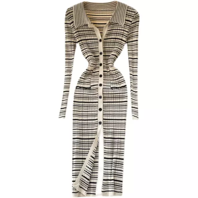 Donna Manica Lunga Maglia a Righe Midi Abito Scollo V Bottoni Aderente Elegante