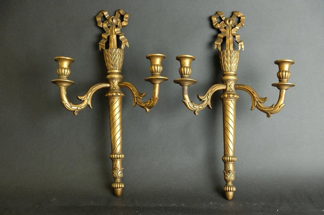 Pair 20 inch antique European Louis XVI style wood gilded wall lights candelabra