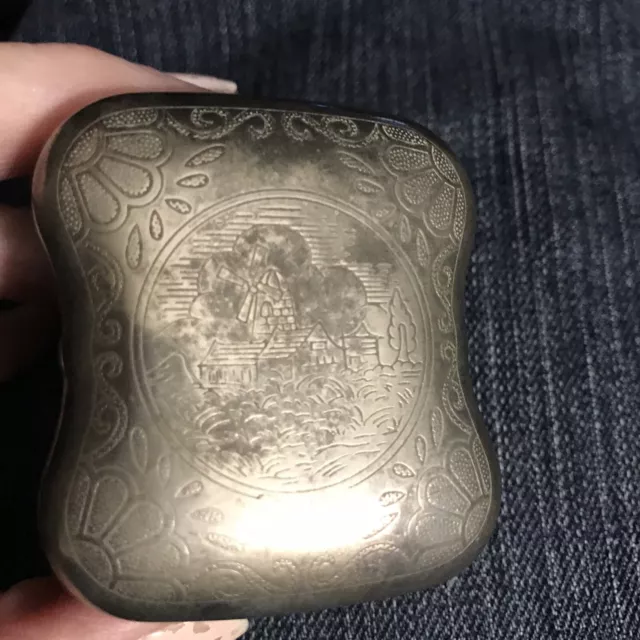 Vintage Silver-plated Engraved Wind Mill Flower Trinket Detached Lid Jewelry Box