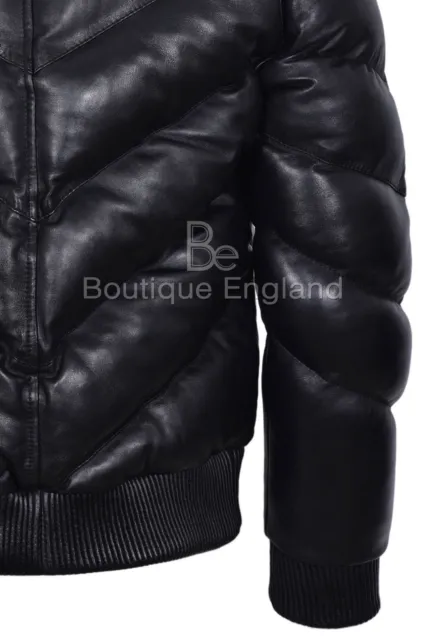 Men's Puffer Leather Jacket Fur Collar WARM Bomber Black REAL LEATHER Jacket Ace 8
