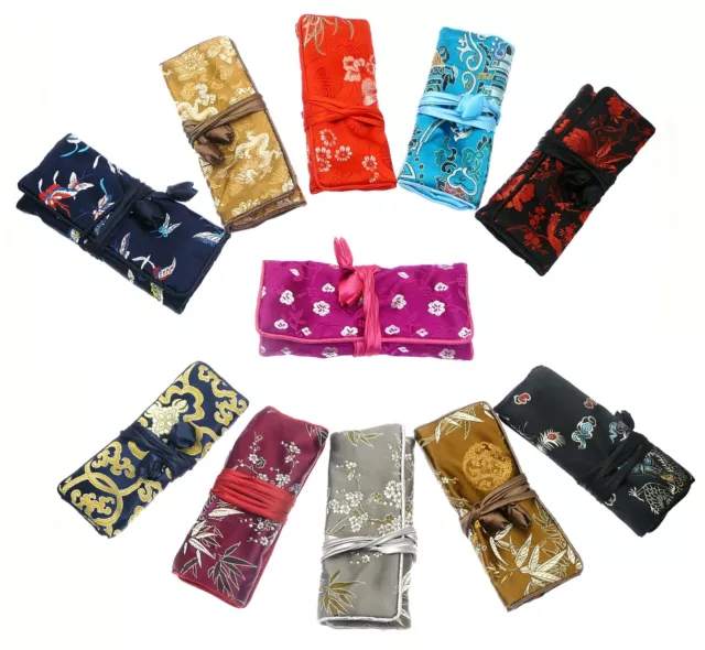 1 x Chinese Silk Floral Jewellery Jewelry Travel Roll Wrap Cosmetic Case Pouch