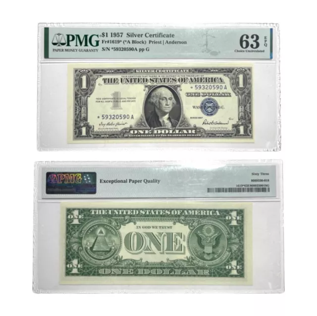 Certified 1957 ( *A Block) $1 Silver ⭐️STAR Fr. 1619* PMG 63EPQ  CH UNC