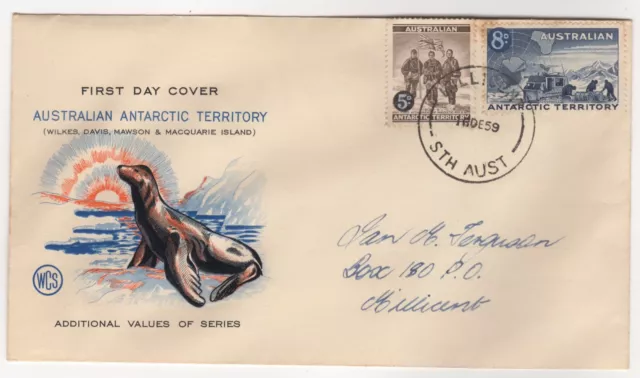 1959 Dec 16th. WCS First Day Cover. 3d on 4d & 8d on 7d Antarctic Territory.