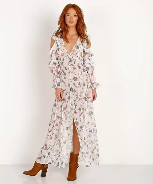 For Love & Lemons Elyse Ruffled Maxi Dress Lurex Floral XS