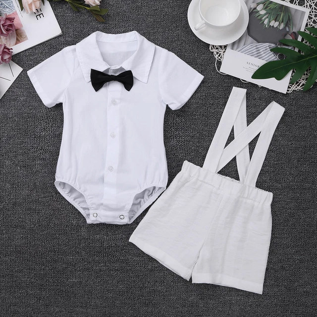 Baby Boy Baptism Outfit Casual Party Romper Suspender Shorts Christening Costume