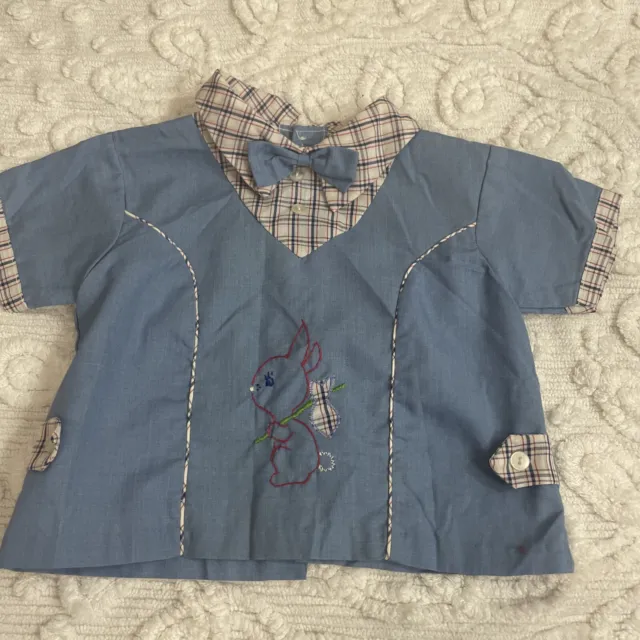 VTG Baby Boy Collared Easter Shirt, Blue Embroidered Size 18 Mo, Bunny Rabbit