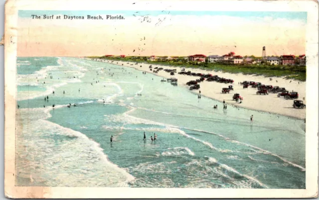 Postcard 1932 Daytona Beach Birds Eye View Surf Old Cars Florida A119