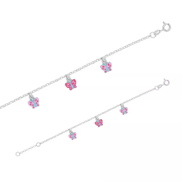 Bracelet papillons pampille, émail rose et fuchsia, argent 925/1000 rhodié