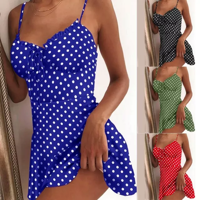 Womens V Neck Polka Dot Sleeveless Mini Dress Lady Summer Beach Strappy Sundress