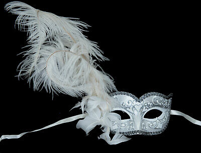 Mask from Venice Colombine Heart IN Feathers Ostrich White Silver 854 S13B