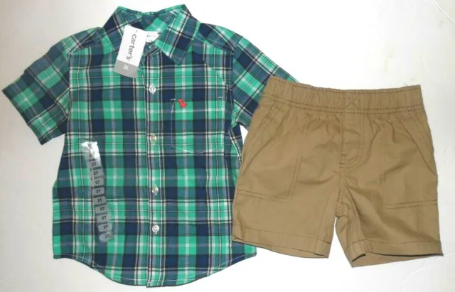 Carter's Infant Boys 2pc Button Down Shirt & Shorts Set Green Blue Plaid 2T NWT