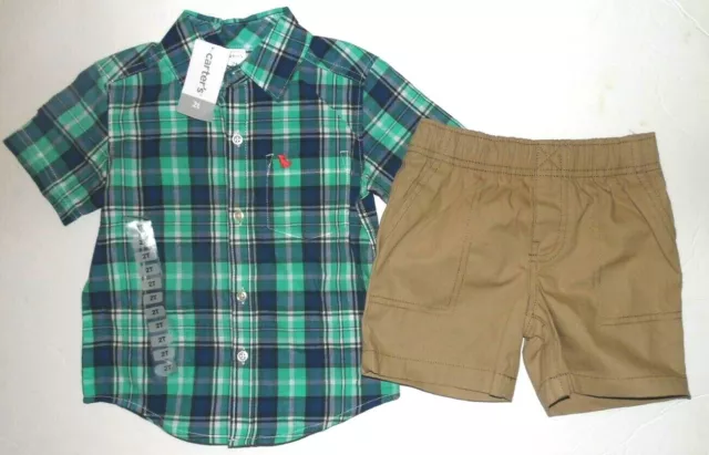 Carter's Infant Boys 2pc Button Down Shirt & Shorts Set Green Blue Plaid 2T NWT