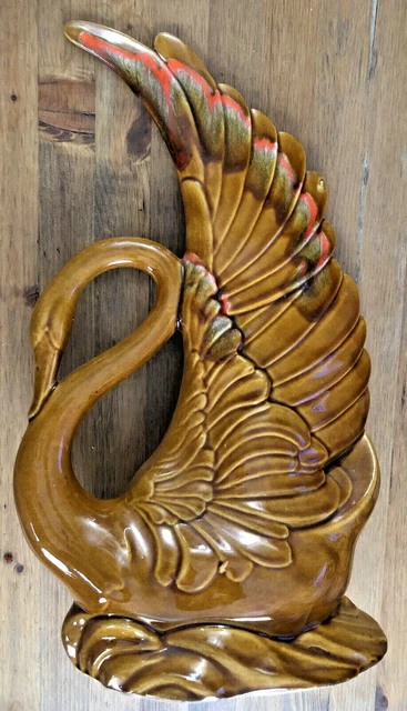 VTG Art Deco STYLIZED CERAMIC GLAZED SWAN Brown w/Red, Green ACCENTS ~16"