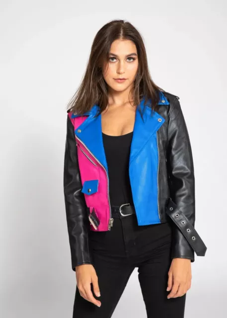 CELEBRITY New Women's Multicolor Leather Jacket 100% PureLambskinMotoBikerJacket