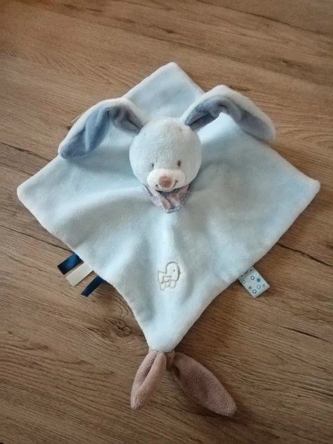 Doudou Plat Carré Nattou Lapin Bibou Bleu/Marron Poussin Foulard 26/26Cm