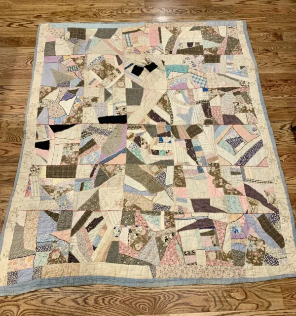 Vintage Beautiful Crazy Patch Quilt Hand Embroidery Hand Stitched 77” x 65” BOHO