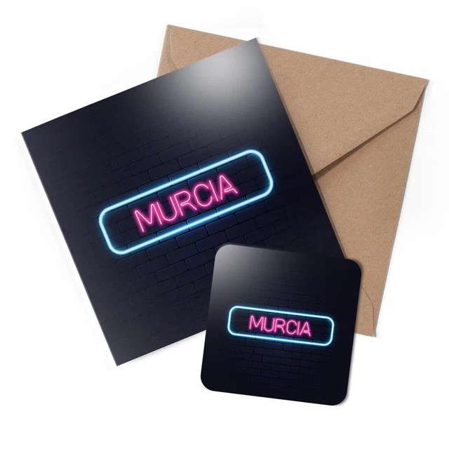 1 x Greeting Card & Coaster Set - Neon Sign Design Murcia City Spain #350057