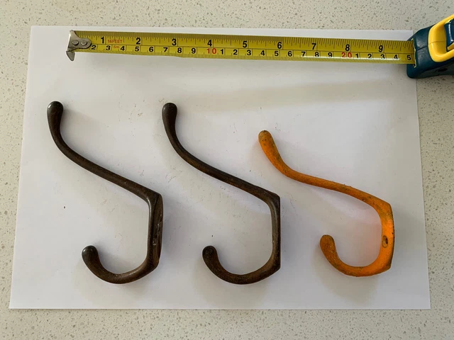 Three Antique Brass Hooks Patina Industrial Salvage