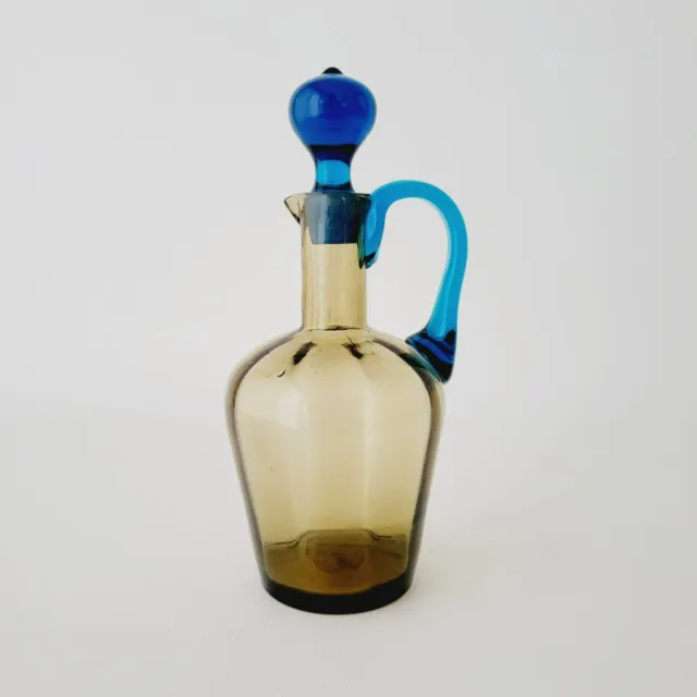 Vintage Hand Blown Glass Cruet Blue & Gray Vintage Oil & Vinegar Glass Bottle