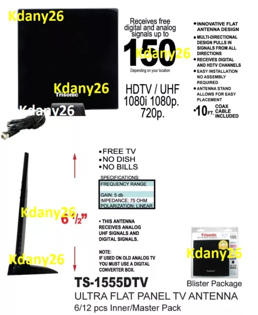 Digital Indoor TV Antenna HDTV DTV Box Ready HD VHF UHF Flat Design High Gain