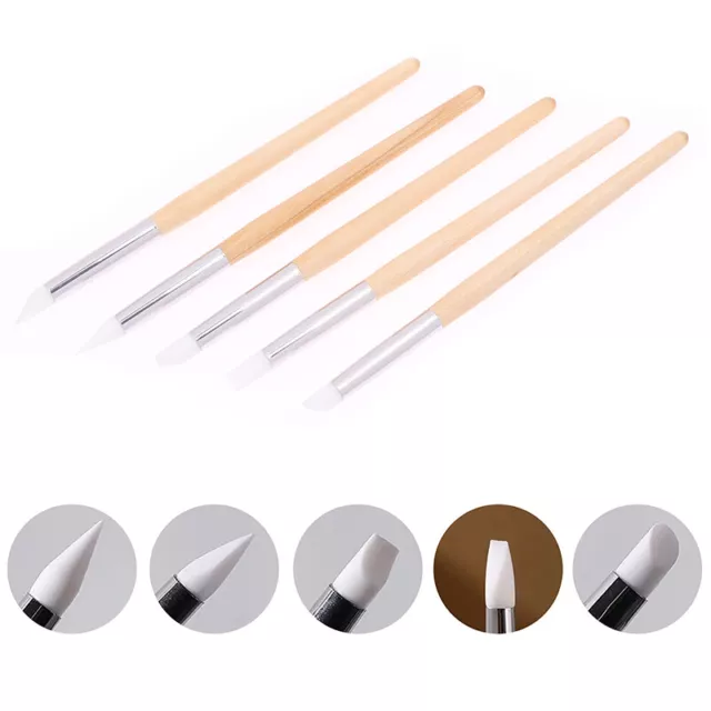 5Pc Silicone Wooden Pole Nail Art Pen Brush Uv Gel Polish Tip 3d Dotting Brus rf