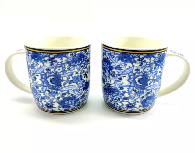 Marcady Paris Bone China Coffee Mugs Cups Cobalt Blue & White Floral Set of 2