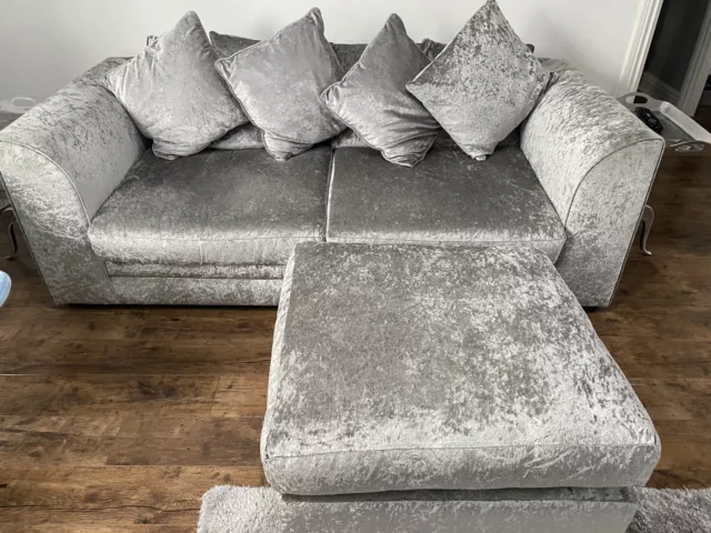 Crushed Velvet 3 Seater Silver Sofa + Footstool