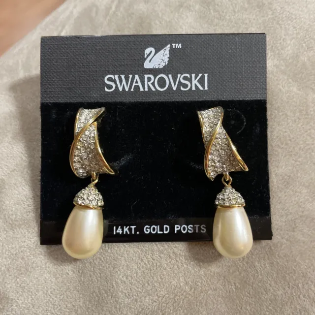 Swarovski Crystal Swirl Shaped 14kt Gold Post Faux Pearl Dangle Earrings